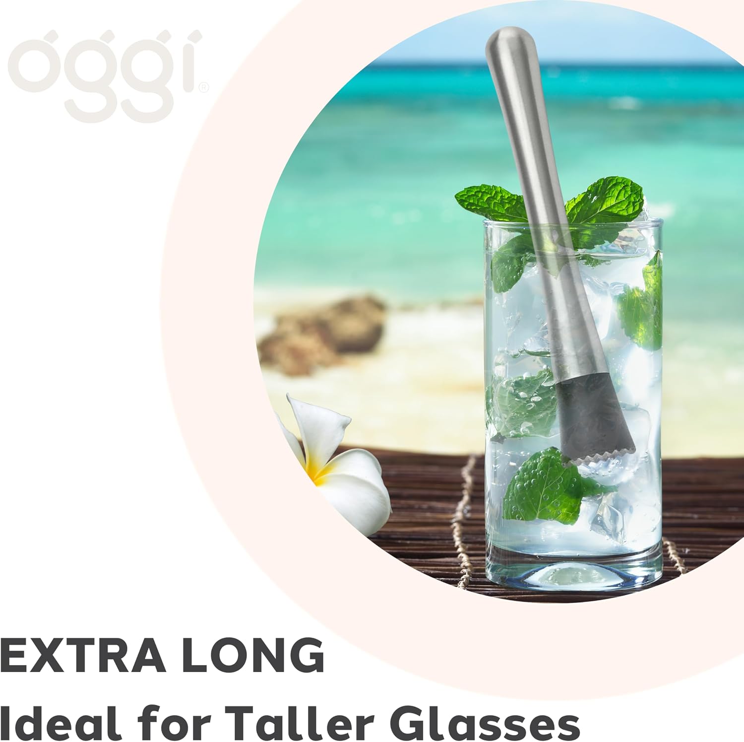OGGI Long Muddler for Cocktails, Stainless Steel, 9.5"/24cm - Ideal Bartender Accessories, Cocktail Accessories, Drink Muddler, Metal Muddler