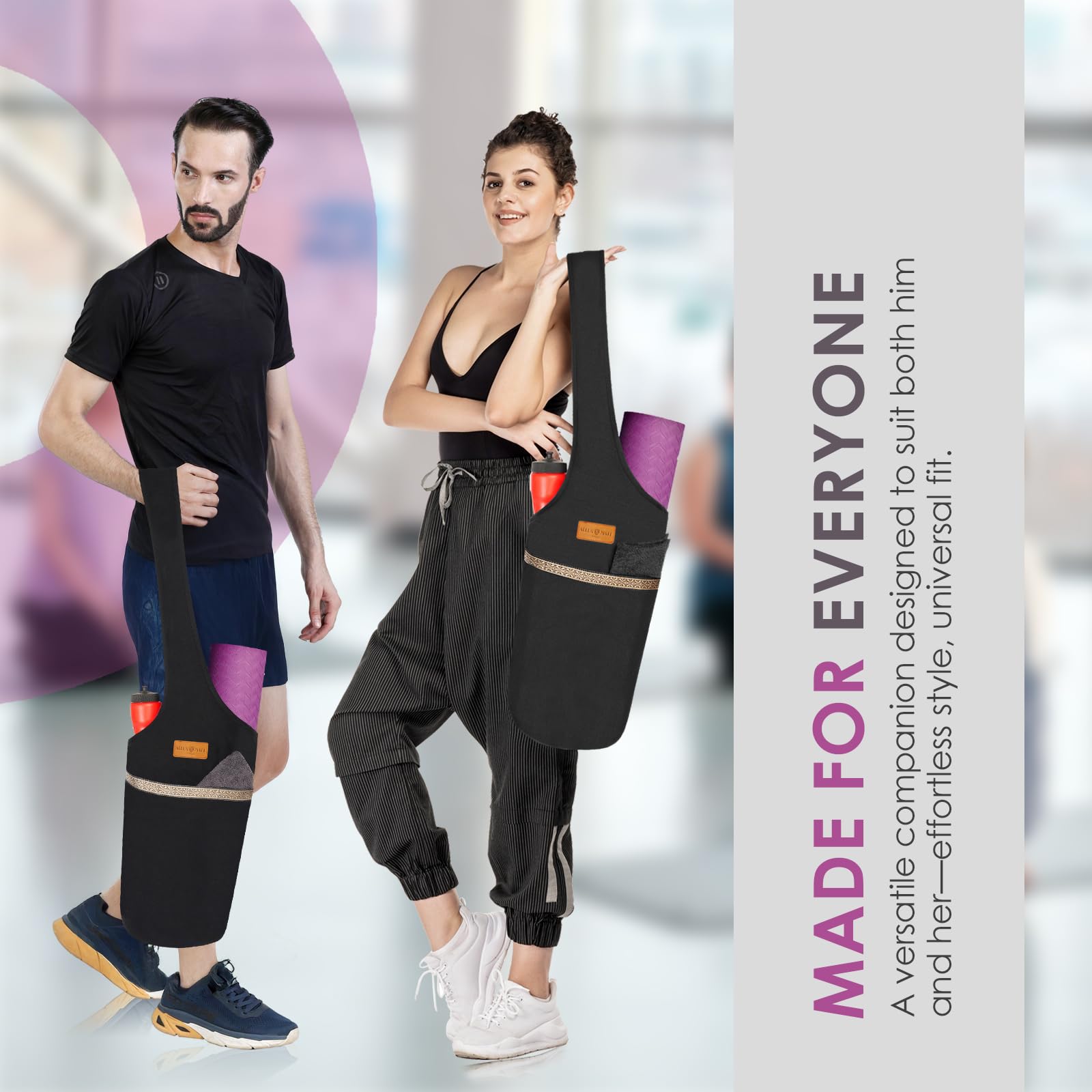 ALLEN & MATE Bolsa grande para esterilla de yoga con bolsillo lateral y bolsillo con cremallera, se adapta a la mayoría de alfombrillas de tamaño