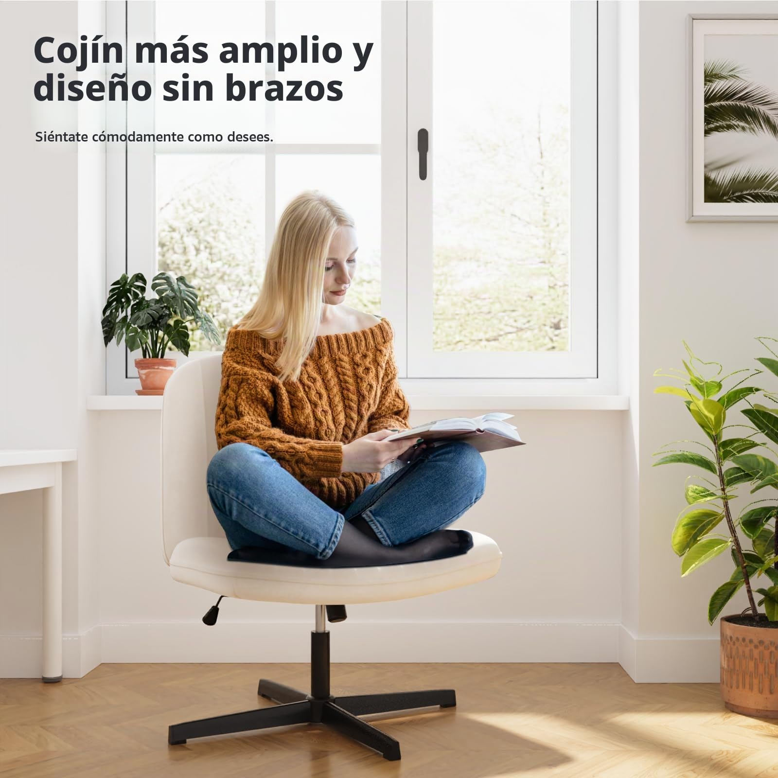 naspaluro Silla de Oficina, Silla de Escritorio sin Reposabrazos Beige | Altura Ajustable, Función Mecedora, Silla Giratoria sin Ruedas Escritorio Tela, Silla de Maquillaje Adecuada para el Hogar
