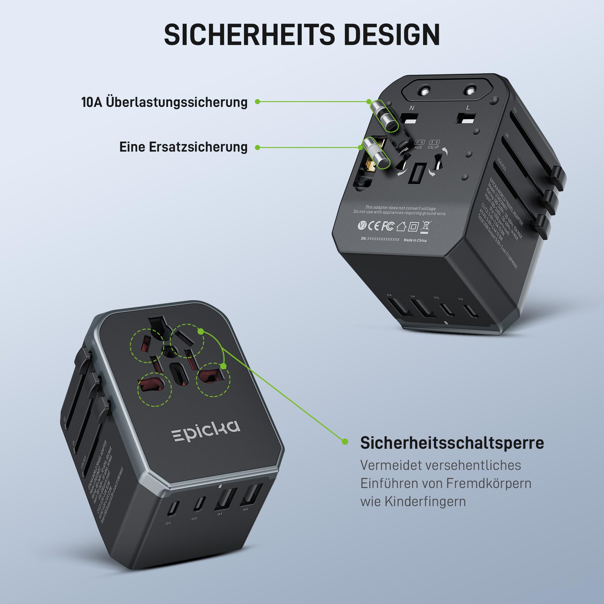 EPICKA Reiseadapter Weltweit, Universal Reisestecker Adapter 17W, Internationaler Steckdosenadapter mit 2 USB A und 2 USB C für Deutschland USA UK Japan Thailand Australien TA-104e