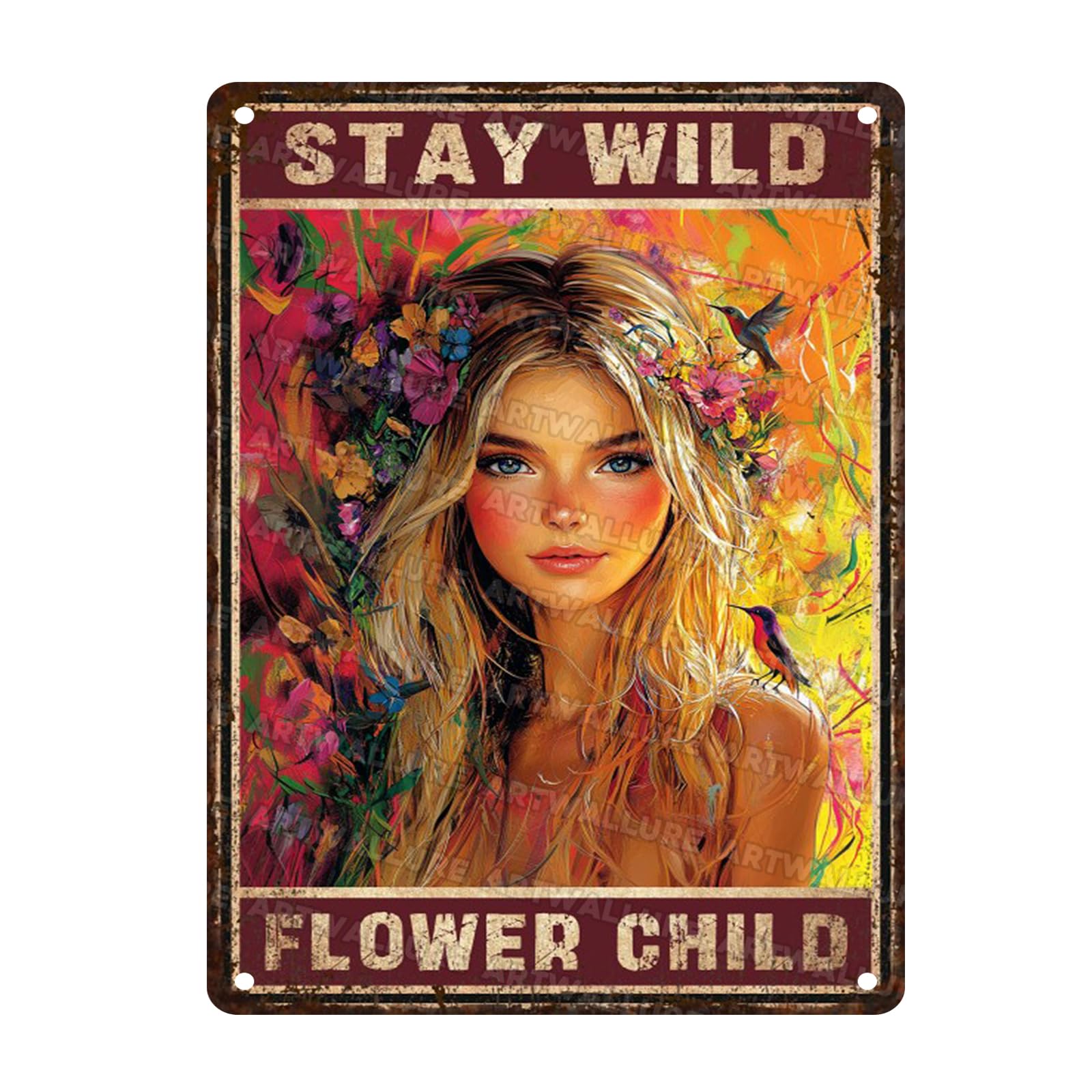 Girl Room Decor Vintage Hippie Tin Sign Stay Wild Flower Child Metal Poster Soul Art Metal Plaque Wall Panel Retro Outdoor Indoor Decoration 12x16inch