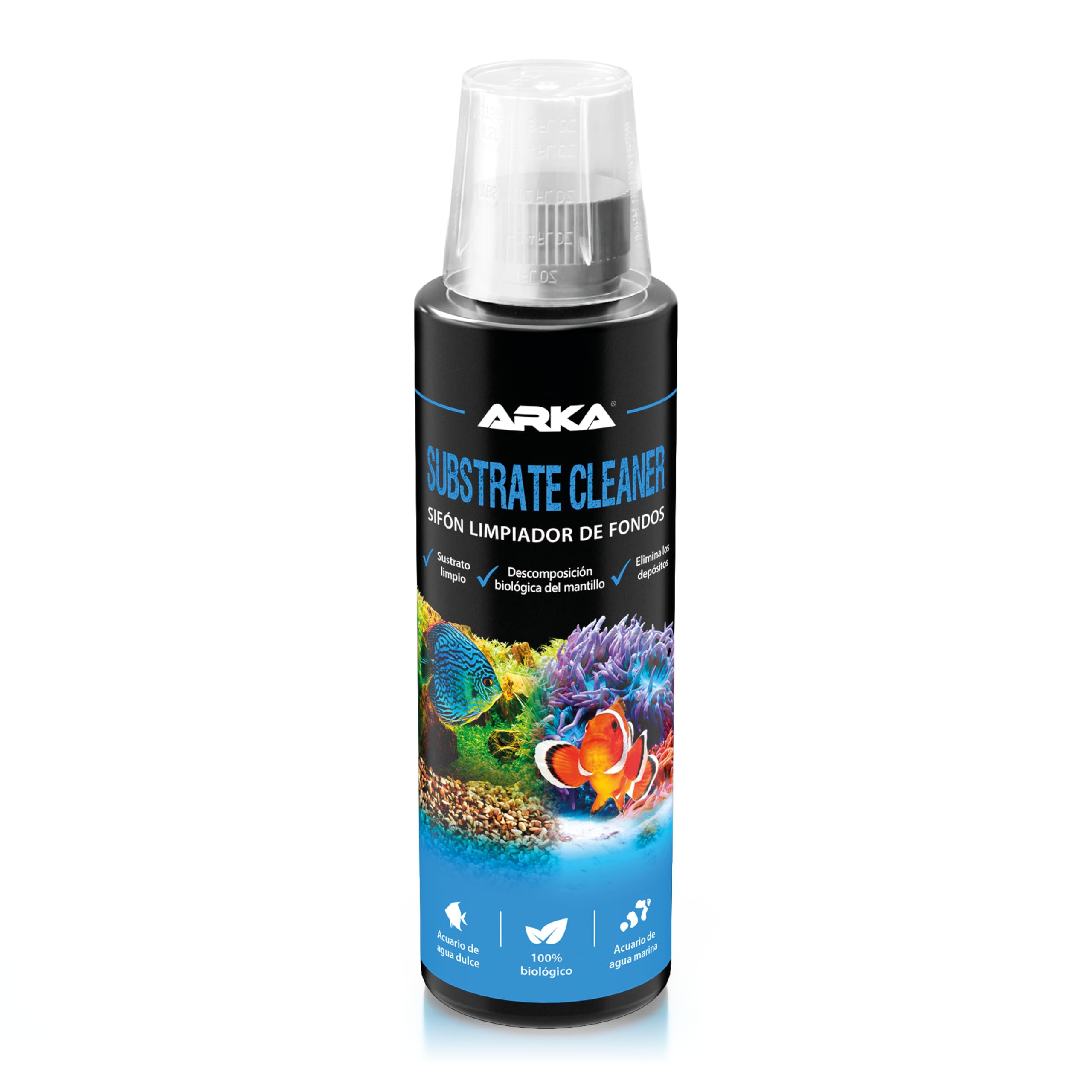 Limpiador Fondo Acuario 236 ml – ARKA Substrate Cleaner – 100% biológico con bacterias vivas – Elimina Lodo, restos y Suciedad – sin sifón ni Tubo – Agua Clara en Dulce y Marino
