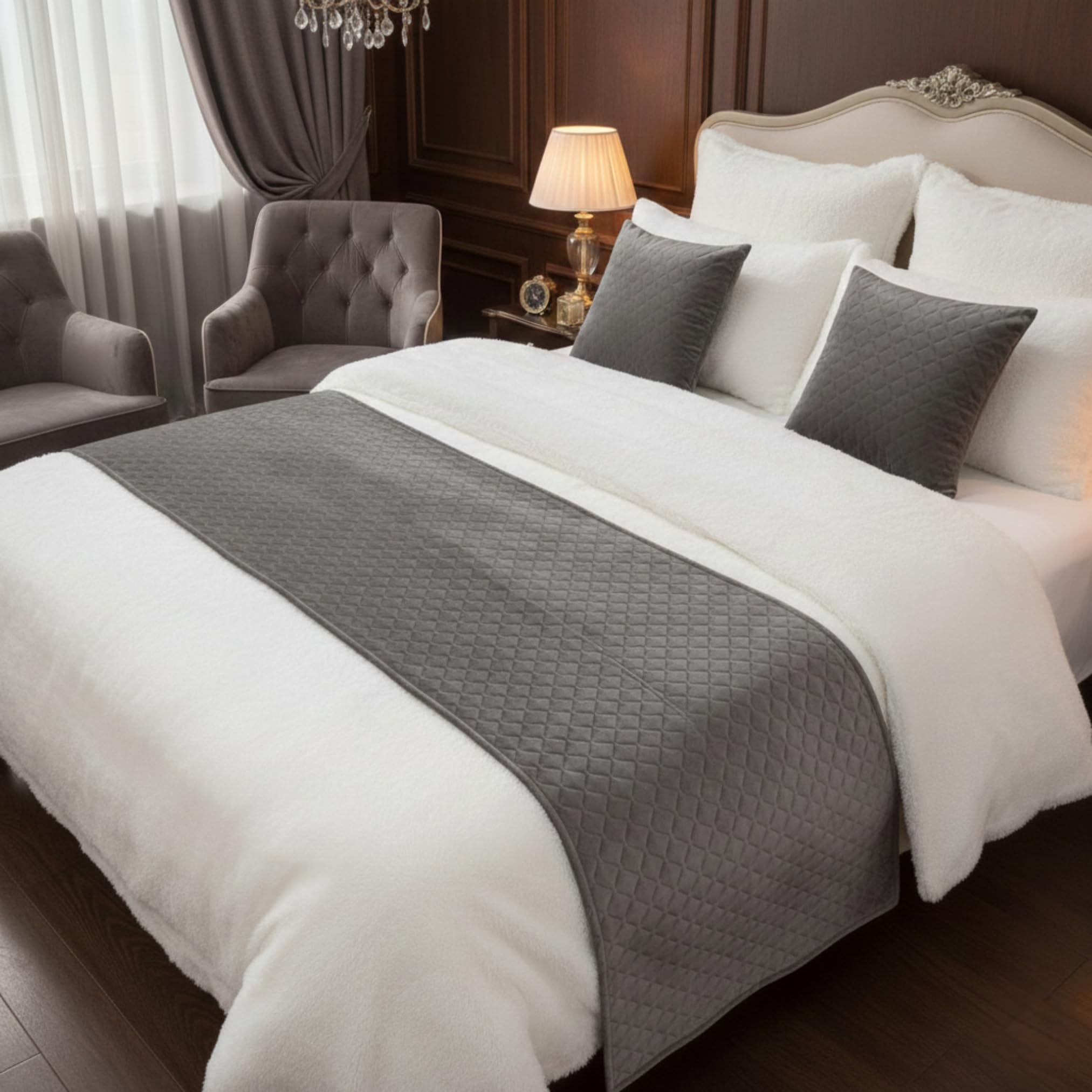 Makooz Quilted Velvet Bed Runner King Size for 1.5m Bed 1pc - Matching Cushion Covers Sold Separately - Hotel Grade no Fading Soft Bedding Scarf - Bedroom Guesthouse Bedding Protection - 63X265cm Grey