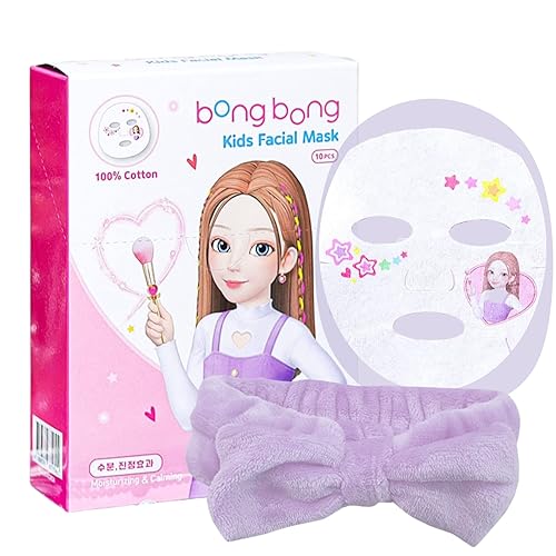 bong bong friends BB - Mascarillas faciales para niños, paquete de 10 unidades con diadema de spa  Máscaras faciales para niños con sábanas 100% de