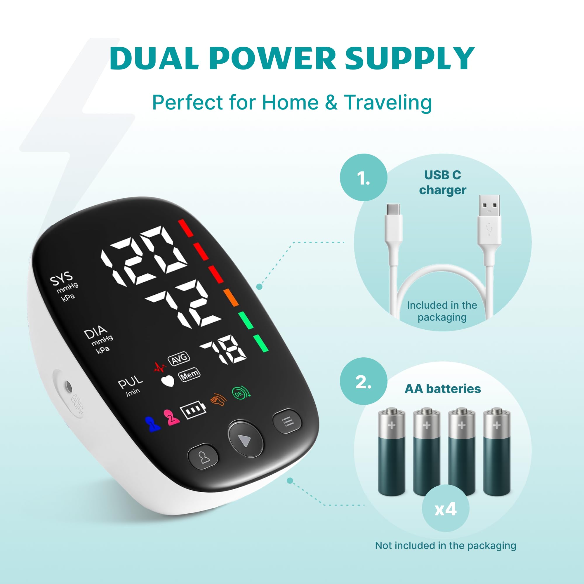 Tensiómetro de brazo, tensiómetro automático con pantalla LED grande, memoria para dos usuarios, brazalete ancho de 8,7 a 16,5 pulgadas, cable de alimentación USB-C, irregular