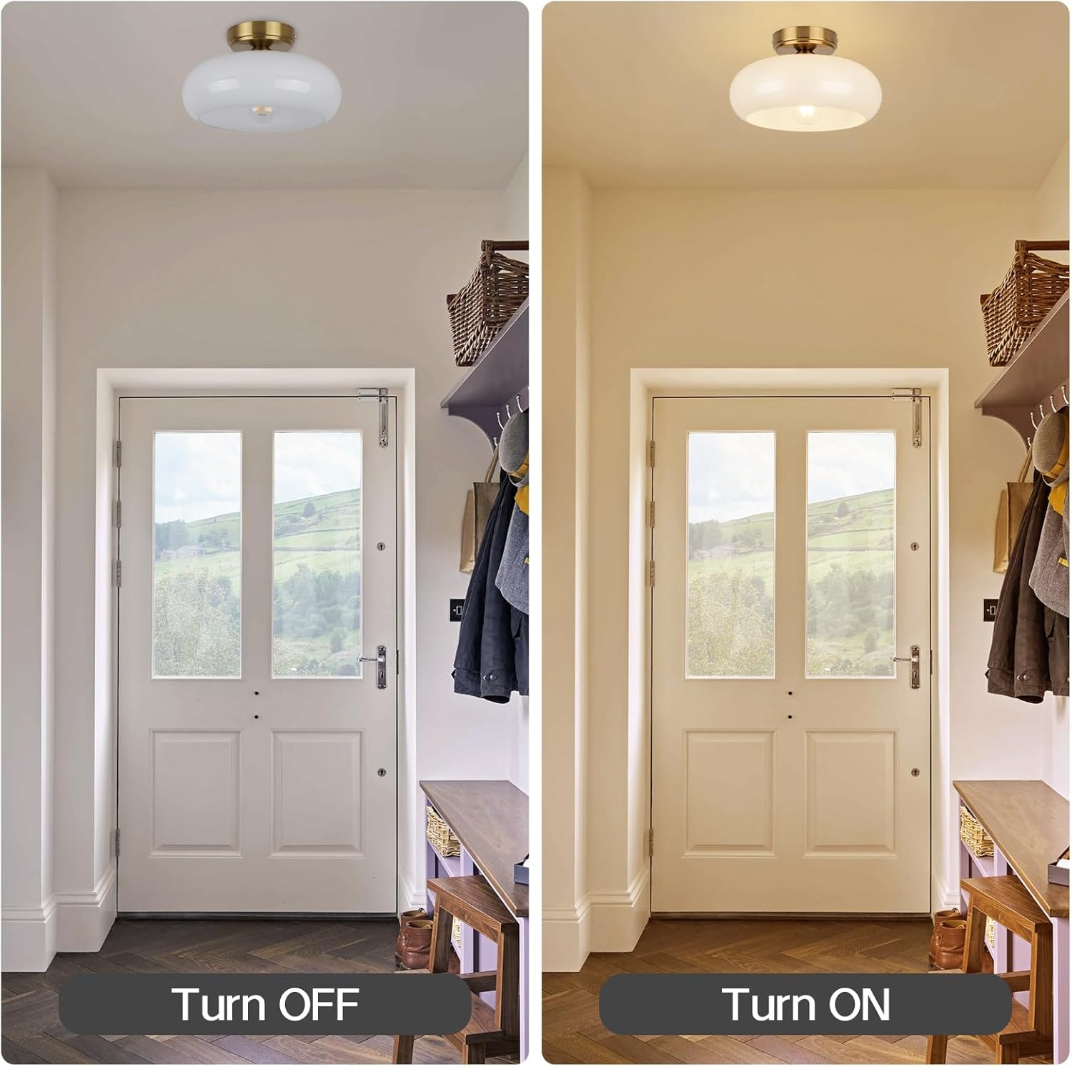 Semi Flush Mount Ceiling Light Fixture, 11'' Vintage Mid-Century Gold with White Milk Glass Shade, Modern Farmhouse Lighting for Kitchen, Hallway, Bedroom, Foyer, Laundry Room, Schoolhouse