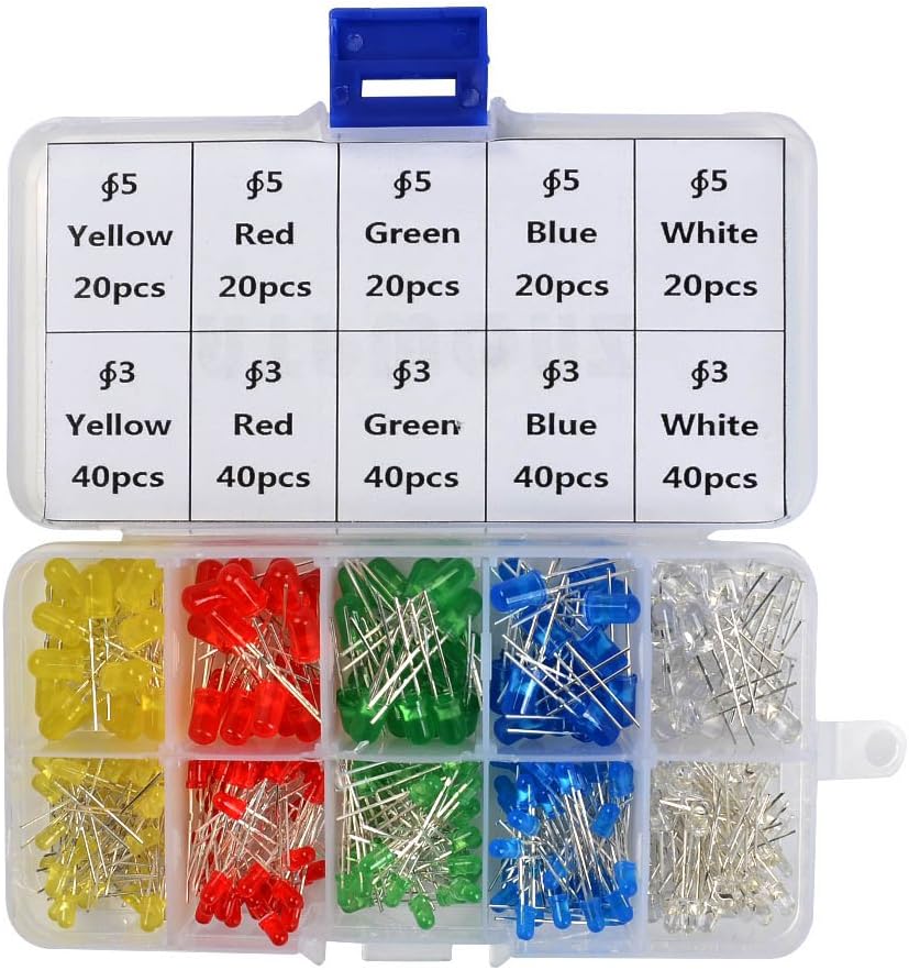 OFNMY LED Diode Lights, 3mm and 5mm LED Lights Emitting Diodes Assortment Set Kit for Arduino Bright White Red Blue Green Yellow, 300-Pack