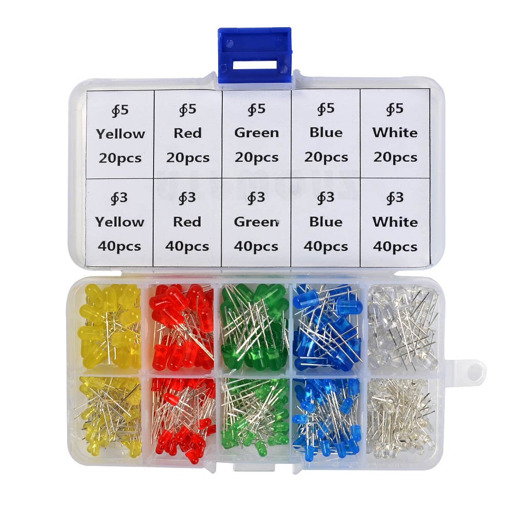 LED Diode Lights, 3mm and 5mm LED Lights Emitting Diodes Assortment Set Kit for Arduino Bright White Red Blue Green Yellow, 300-Pack