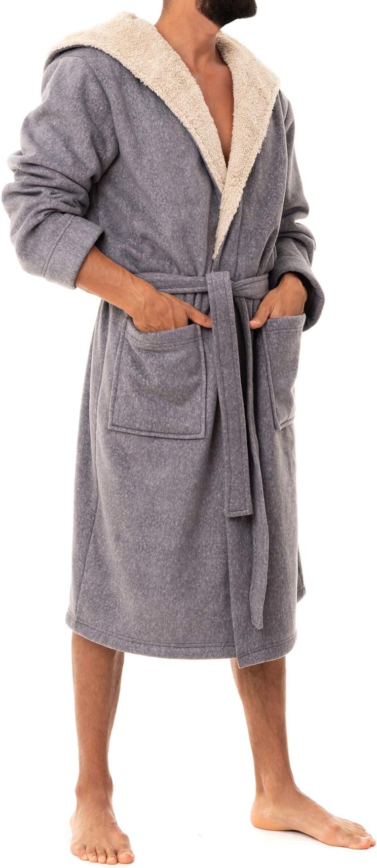 John Christian Men's Hooded Bonded Fleece Robe, Gray/Tan