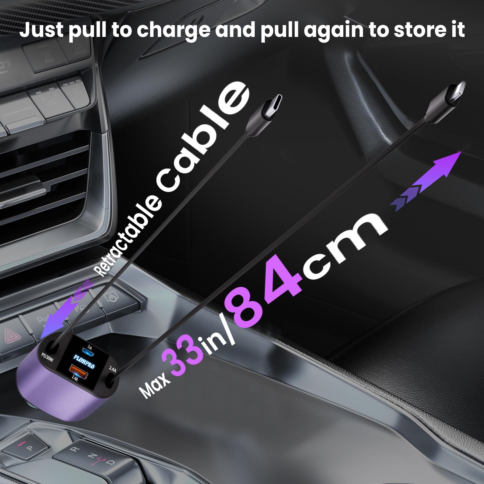 4 In 1 Retractable Car Charger, USB C Fast Charging Adapter[Max80W] With USB-i Cable&Dual Charge Port Compatible With IPhone 16/15/14/13/12/11 Pro Max Plus/iPad/AirPods,Galaxy,Google