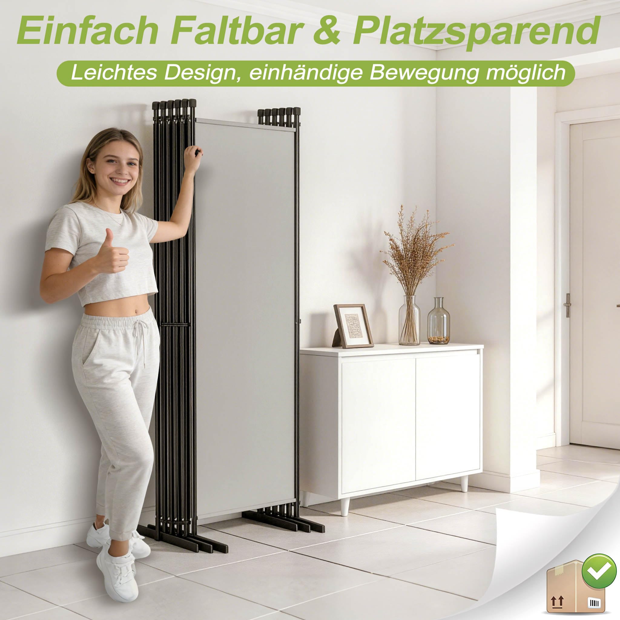 Froadp Biombo separador de habitaciones, 6 piezas, plegable, 300 x 180 cm, flexible, protección visual con clavos y cuerdas, para salón, oficina, jardín, balcón, gris claro