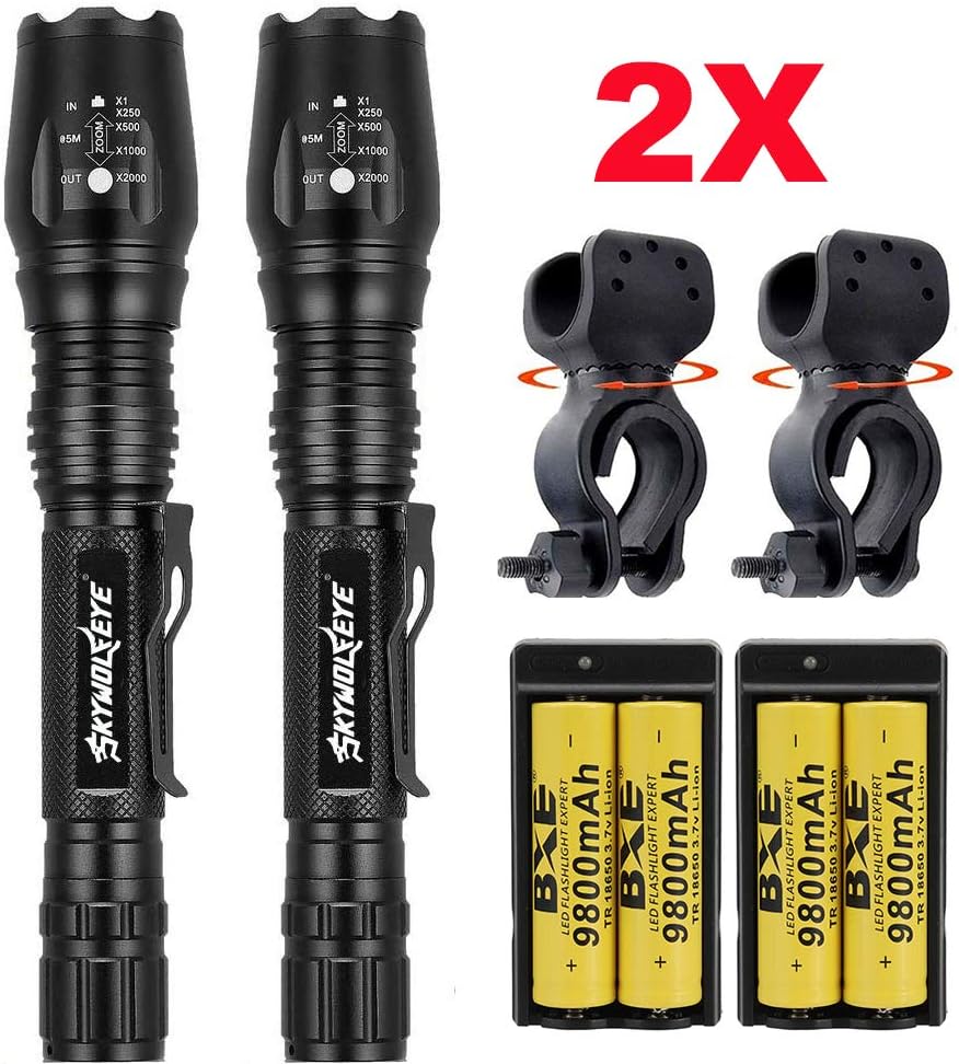 BXE2 Sets Rechargeable Flashlights Zoomable Adjustable Focus Torch Lamp +18650 9800mAh 3.7V Battery With Battery Charger&Bike Mount Holder