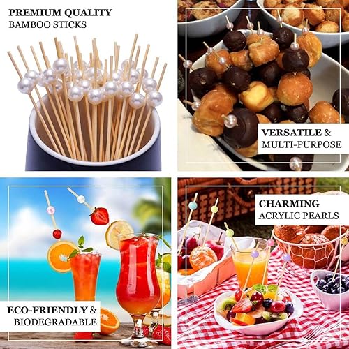 Miniatura 4 de Púas de cóctel de bambú, 200 unidades, con parte superior de perlas blancas marfil, 4.7 pulgadas, mini púas para aperitivo, bebidas, frutas,