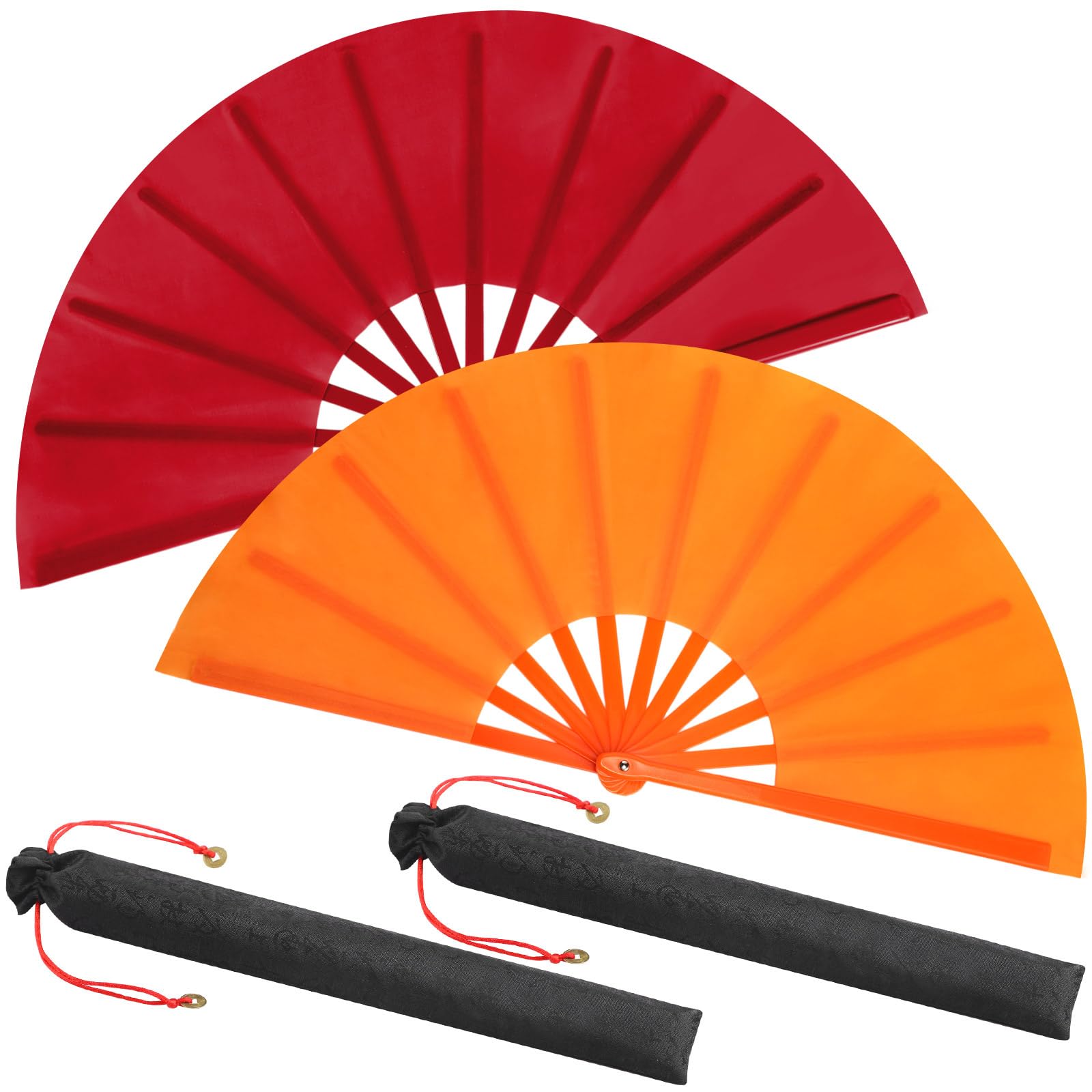 Maitys 2 Packs Large Folding Hand Fans 13'' Chinese Handheld Fan Large Clap Fans for Line Dancing, Tai Chi, Festival, Kung Fu, Martial Art, Gift, Includes 2 Pouch (Wine Red and Yellow)