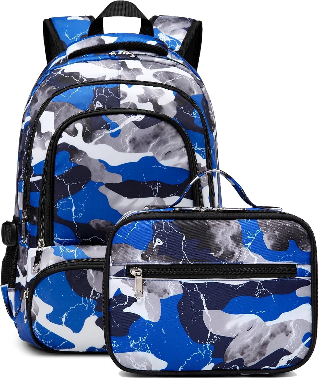 BLUEFAIRY Boys Backpack with Lunch Box for Kids Elementary Middle School Bags Set Child Book Bags Back to School Gifts Mochila Escolar para Niños Adolescentes Camo Blue