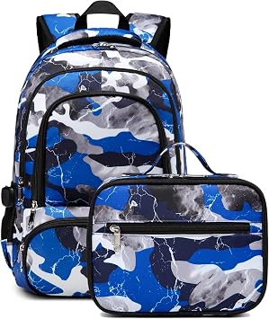 BLUEFAIRY Boys Backpack with Lunch Box for Kids Elementary Middle School Bags Set Child Book Bags Back to School Gifts Mochila Escolar para Ninos Adolescentes Camo Blue