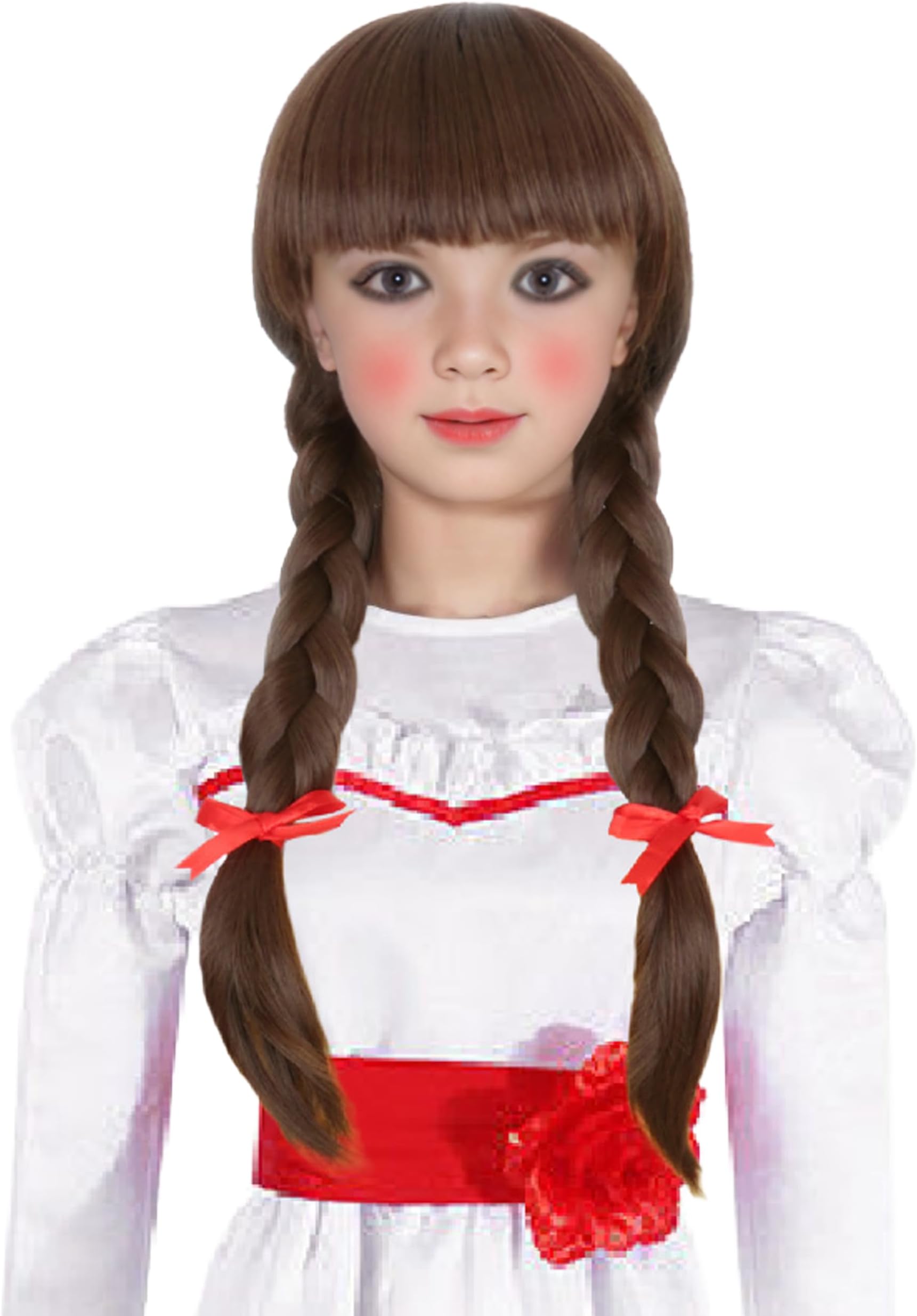 Horror Doll Cosplay Style Wig for Girls Kids Long Brown Braid Hair with Red Bows