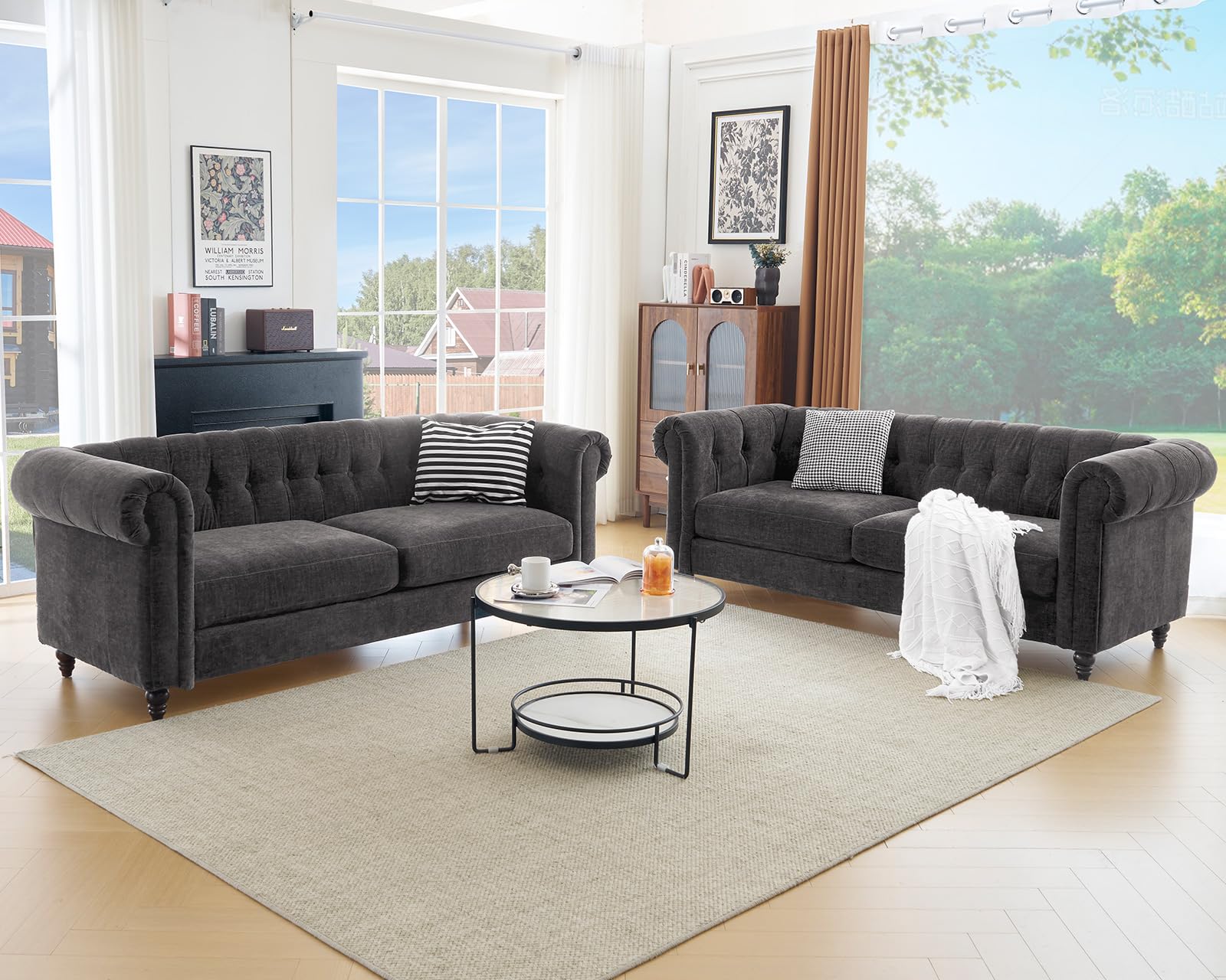 ELUCHANG 81" Oversized Sofa Couch Set of 2, Modern Couches for Living Room, 3 Seater Tufted Sofa Loveseat with 23.5" Deep Seat, Comfy Chenille Fabric Chesterfield Sofa, Dark Grey