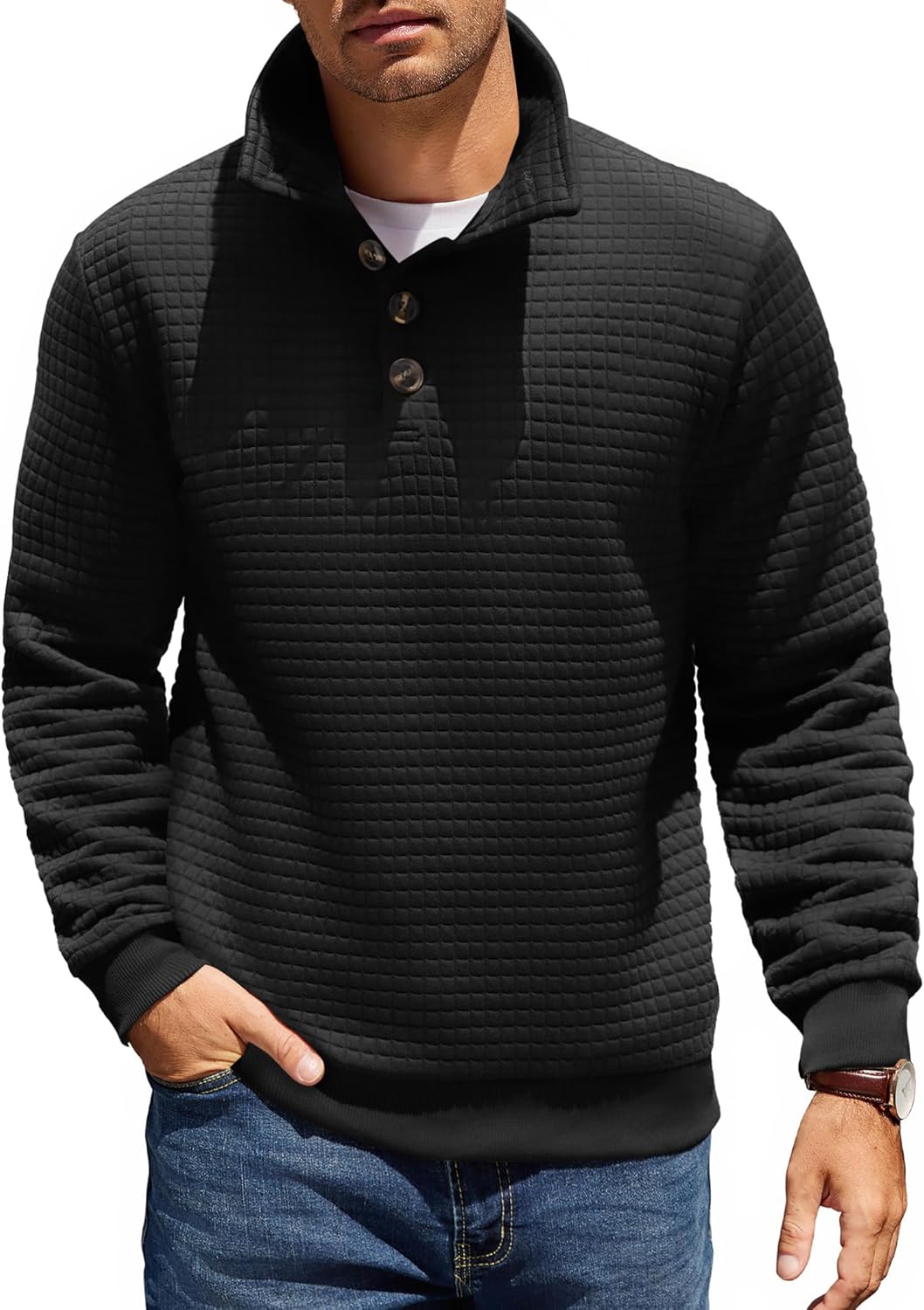 COOFANDY Mens Quarter Pullover Quilted Sweatshirt Casual Knit Long Sleeve Mock Neck Sweater Waffle Collared Pullover