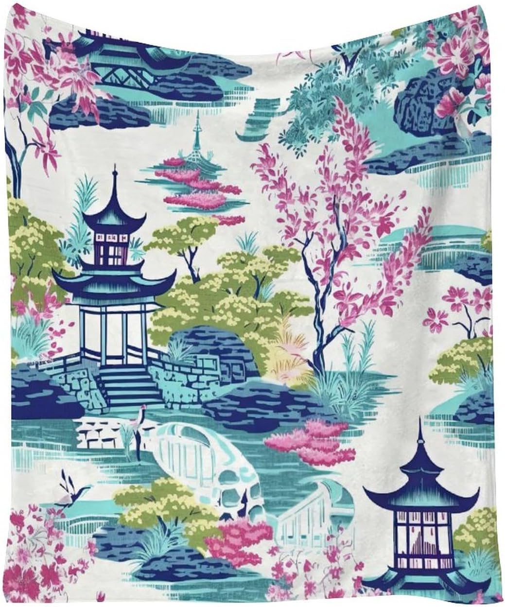 Chinoiserie Pagoda Throw Blanket White Blue Coral Fuzzy Blanket Blankets Super Comfort Warmth Coral Fleece Blanket for Couch Bed Chair Office Sofa 50x60