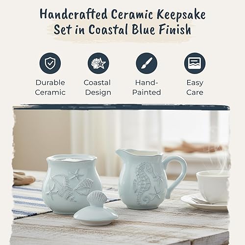 Miniatura 5 de Blue Sky Clayworks Laguna Coastal Sugar & Creamer Set, Cerámica, Azucarero de 4 x 4 x 5 pulgadas Crema de 5 x 3.5 x 4 pulgadas, dije de concha y