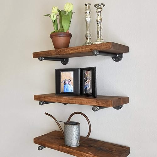 Miniatura 4 de Soportes industriales para estantes de tubería de 12 pulgadas, juego de 4, soportes flotantes rústicos con accesorios de hierro, bridas y tubos para