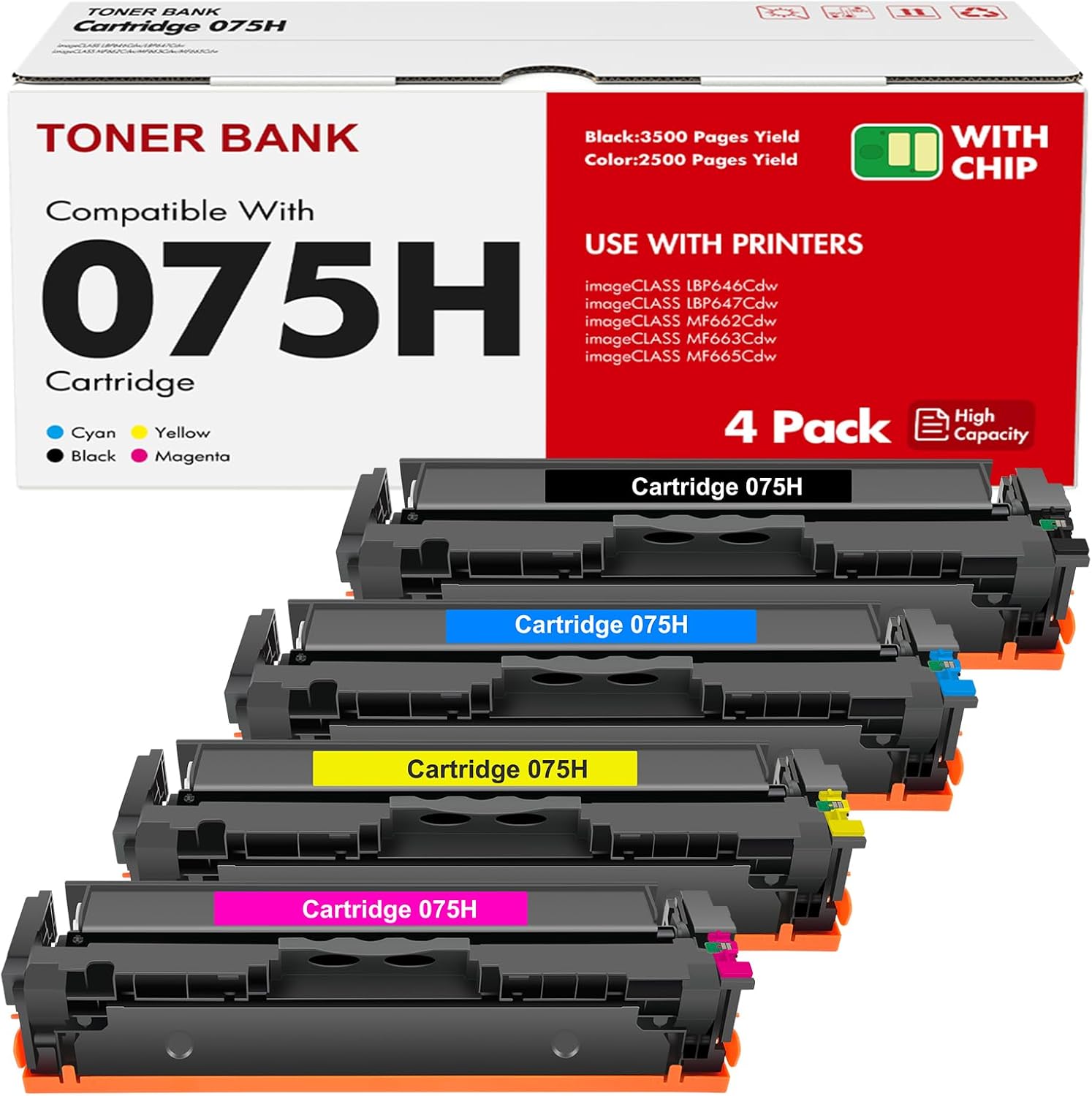 075H 075 Toner Cartridge Set MF665CDW LBP646Cdw MF663CDW Compatible for Canon Color ImageCLASS MF660c MF662Cdw LBP647Cdw MF660 LBP640c LBP640 Printer Ink High Yield 4 Pack (Black Cyan Yellow Magenta)