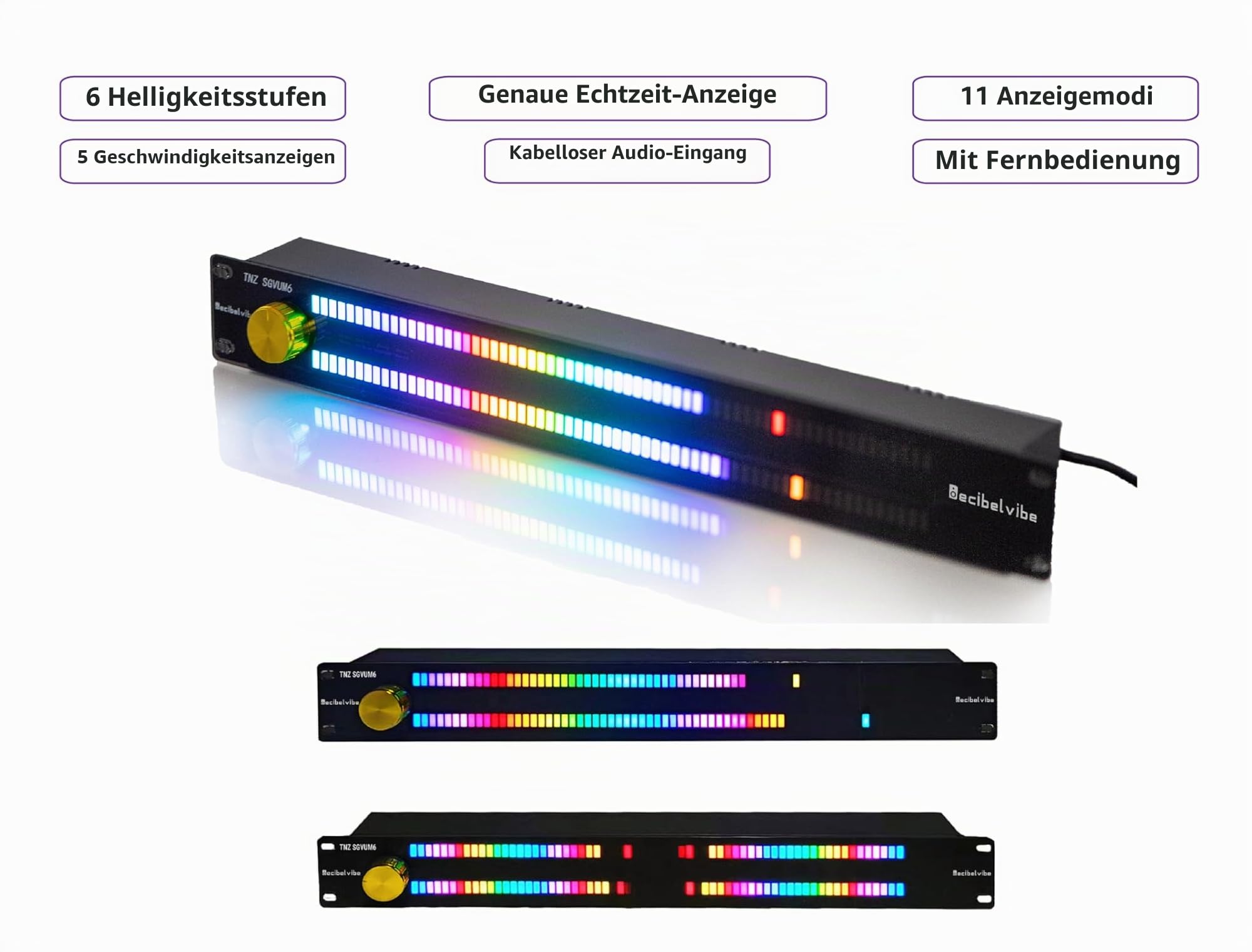 Decibelvibe TNZ SGVUM6 – VU-Meter mit Eingang/Ausgang RCA-Klinkenstecker 3,5, kabelloser Eingang über integriertes Mikrofon, 19 Farben, für HiFi-Audiosysteme, Heimkino, professionelle Sono (Gold)