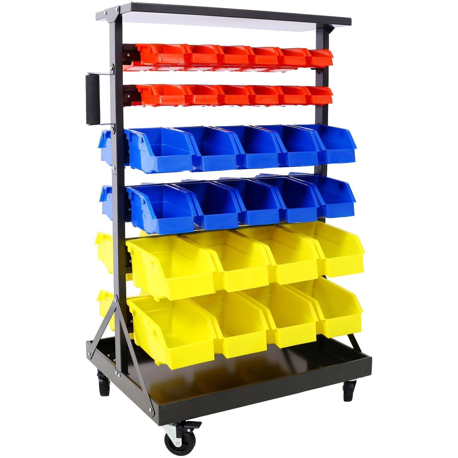 FRITHJILL Heavy-Duty Steel Rolling Storage Rack with 60 Plastic Color-Coded Storage Bins, Mobile Dual-Sided Organizer for Tools and Parts, 42.75” Tall, Lockable Casters, Ideal for Workshop and Garage
