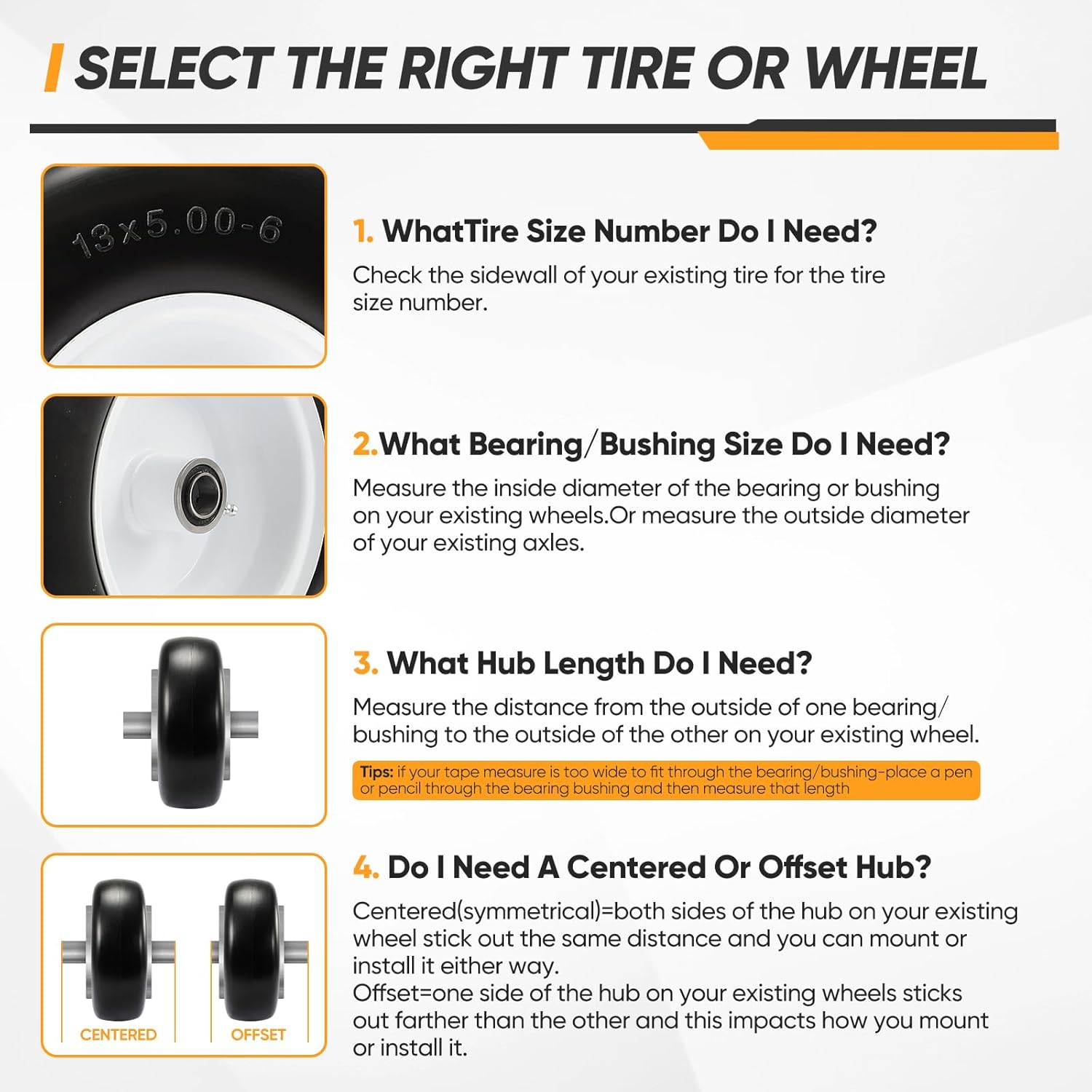 13x5.00-6 Flat Free Lawn Mower Tire, Zero Turn Mower Front Tires, 13x5x6 Solid Mower Wheel for Residential and Commercial, with 1/2" 3/4" 5/8" Precision Bearings, 3.25"-6.85" Centered Hub, 2 Pack
