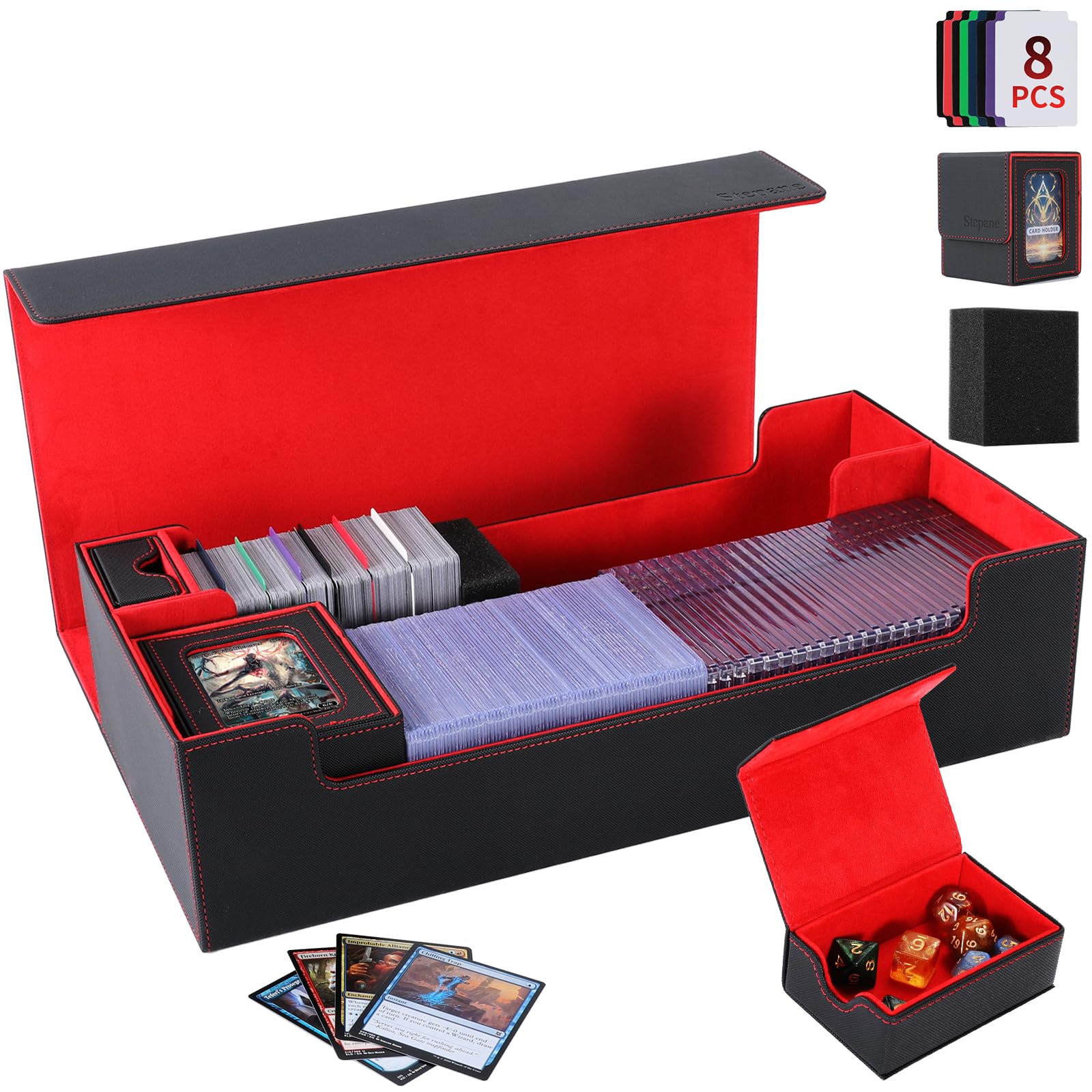 Trading Card Storage Box, 2200+ MTG Deck Box Leather Magnetic Closure Commander Deck Box, Holds 5 Small Deck Boxes, Includes 1 Small Box, 8 Dividers, 1 Foam Stopper, 1 Toploader, Black/Red