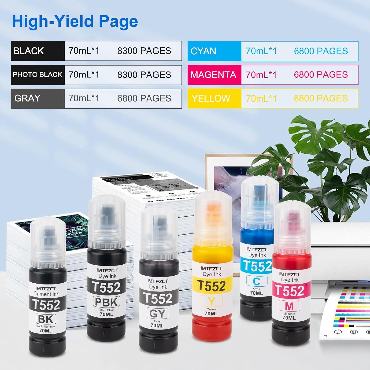 Replacement for T552 552 Ink Refill Bottles for Photo ET 8550 ET8550 Photo ET 8500 ET8500 8550 8500 Printers (BK PB C M Y GY)