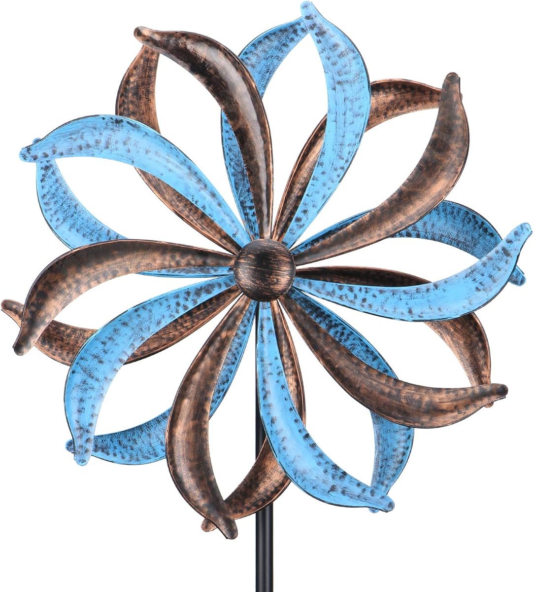 Molino de viento para exteriores de 61 pulgadas, esculturas cinéticas con estaca de metal | Molinillo de viento de metal inspirado en hojas con doble rotación suave, base estable de cuatro puntas y decoración artística de jardín al aire libre