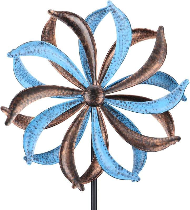 Molino de viento para exteriores de 61 pulgadas, esculturas cinéticas con estaca de metal | Molinillo de viento de metal inspirado en hojas con doble rotación suave, base estable de cuatro puntas y decoración artística de jardín al aire libre