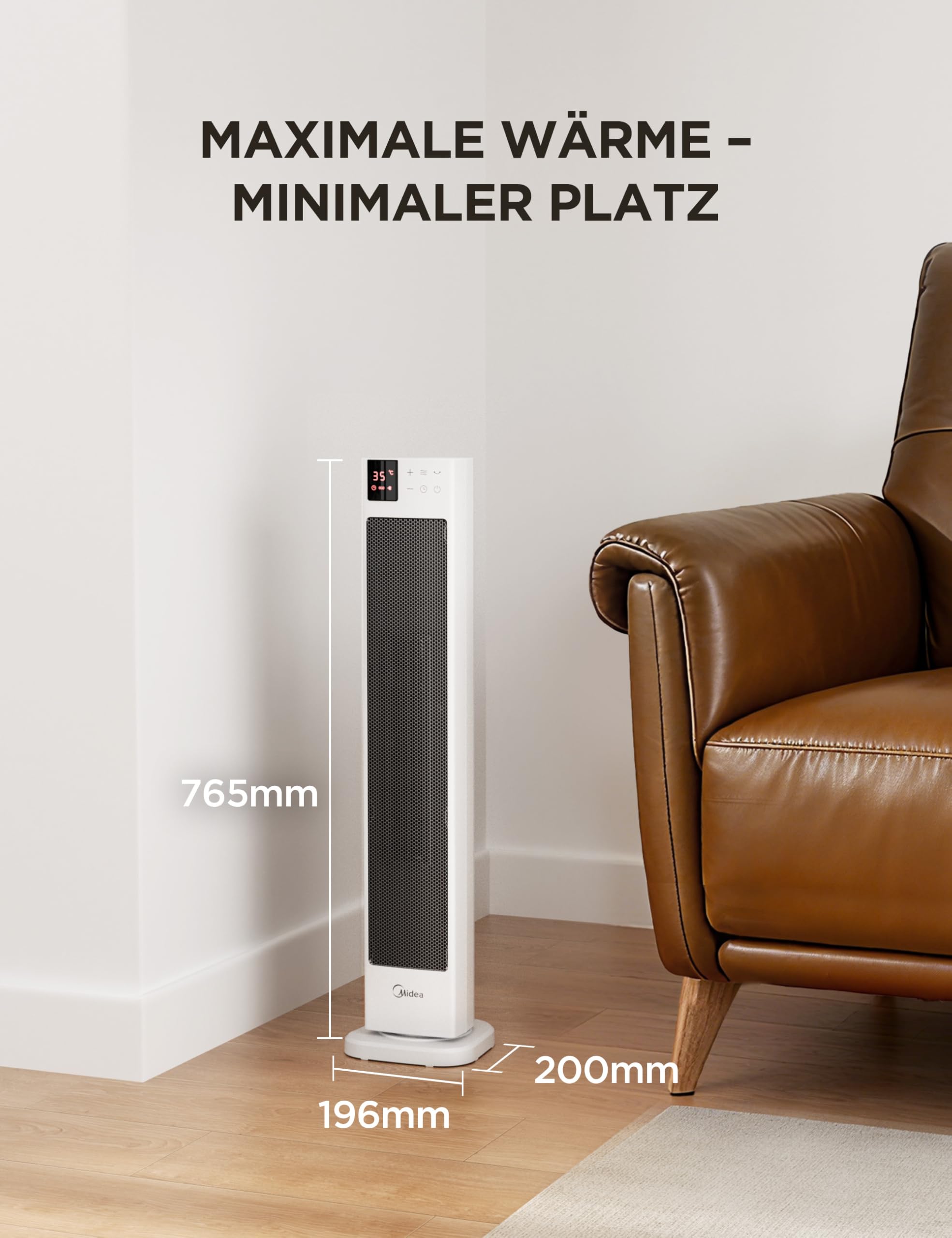 Midea NTH20-22GR(WH) PTC Keramik Heizlüfter 2000 Watt mit Thermostat, Fernbedienung, 2 Heizstufen, 24H Timer, ECO-Modus, 75° Oszillation