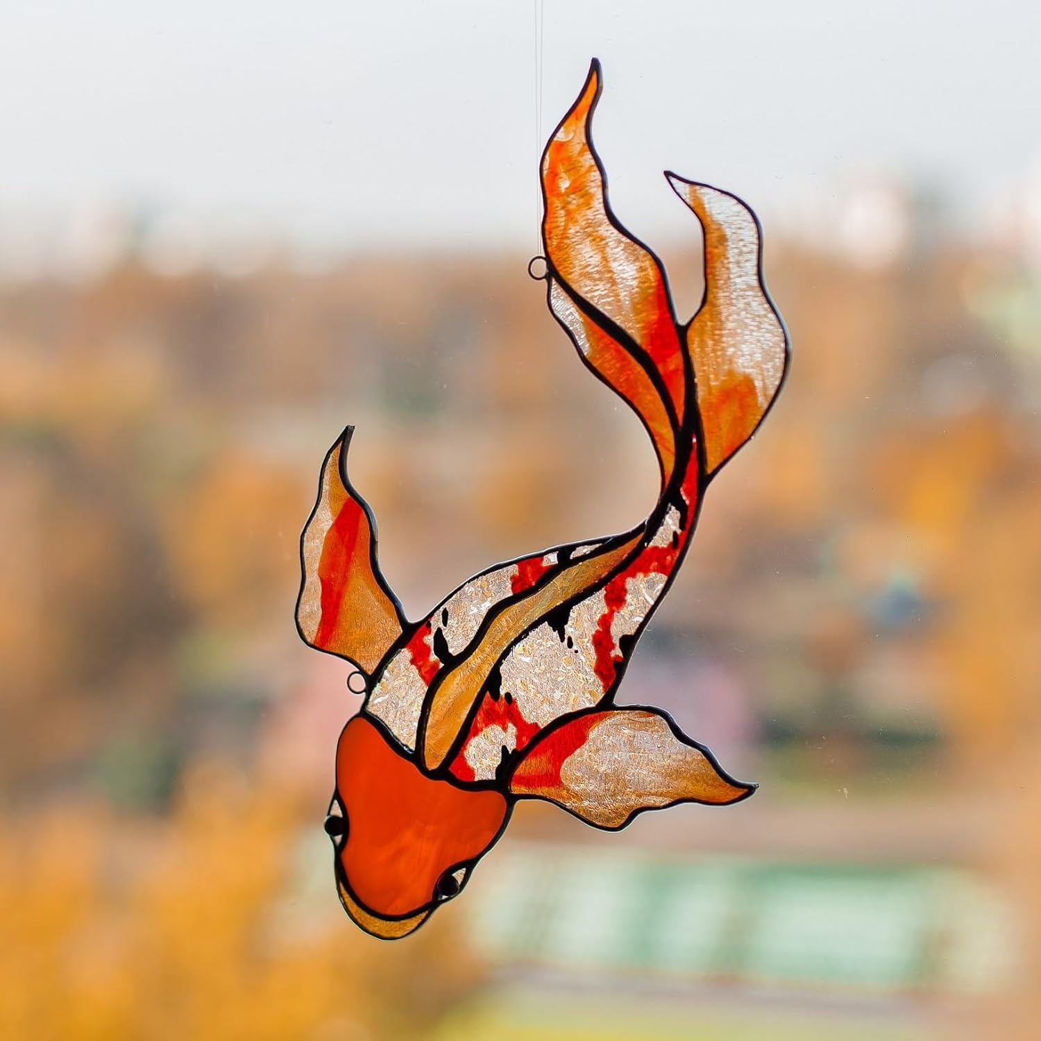 Stained Glass Window Hanging – Koi Carp Decor for Windows – Lovely Glass Suncatcher for House Decoration – Colorful Stained Glass Adornment – Original Gift Idea