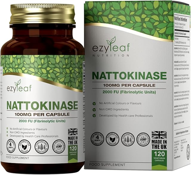 Ezyleaf Nattokinase 100mg 2000 FU | 120 Vegan Capsules | Protein Enzyme from Japanese Natto | No Artificial Ingredients | ISO Certified, Vegan, Allergen & Gluten Free, Non-GMO | Manufactured In The UK