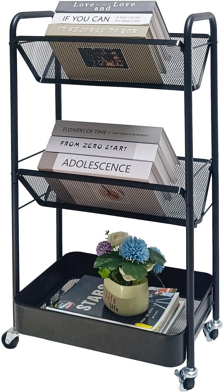 3-Tier Metal File Folder Racks,Mobile Standing File Organizer & Office Book Shelf on Wheels,Black