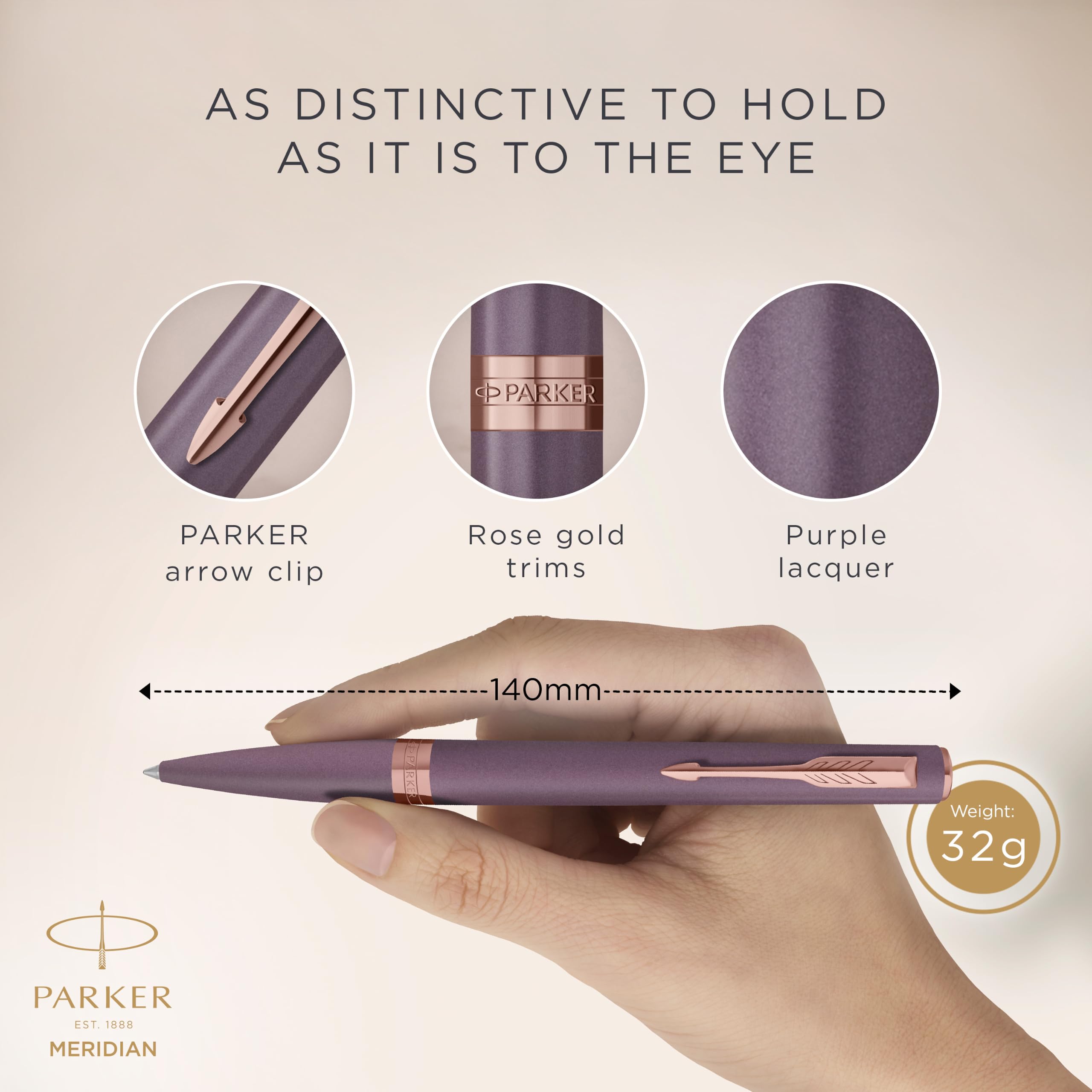 Parker Meridian Stylo à bille | Laque violette avec des bordures or rose | Plume moyenne | Stylos pour l'écriture et Fournitures de papeterie | Encre bleue | Boîte cadeau de luxe