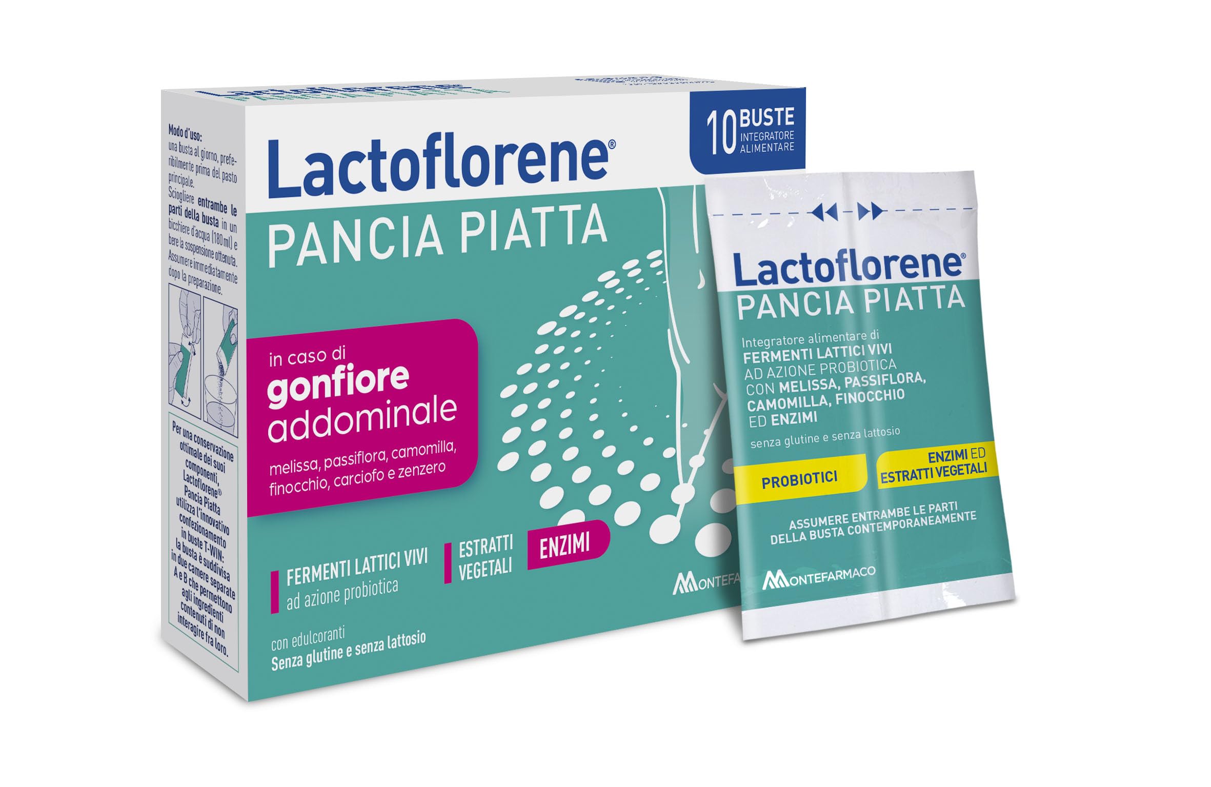 Lactoflorene Pancia Piatta, Fermenti Lattici, Probiotici, Senza Glutine Senza Lattosio Integratore con Probiotici, Enzimi ed Estratti vegetali (Finocchio) per il Gonfiore addominale (10 Bustine)