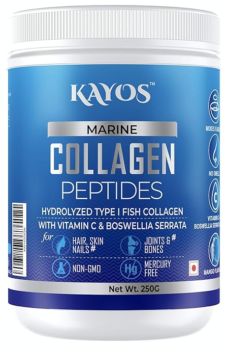 Kayos - Marine Collagen Peptides (250g) | Mango Flavour | Mercury-Free Fish Collagen Powder | Boosts Health of Hair, Skin and Nails | Fortified with Vitamin C | Skin Care and Joint Support Supplement