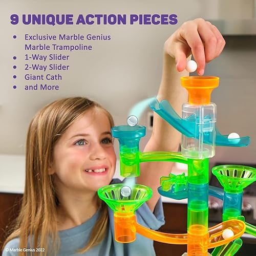 Miniatura 5 de Marble Genius Juego de refuerzo de acrobacias Marble Run: 30 piezas en total, 9 piezas de acción que incluye nuevo trampolín patentado, incluye