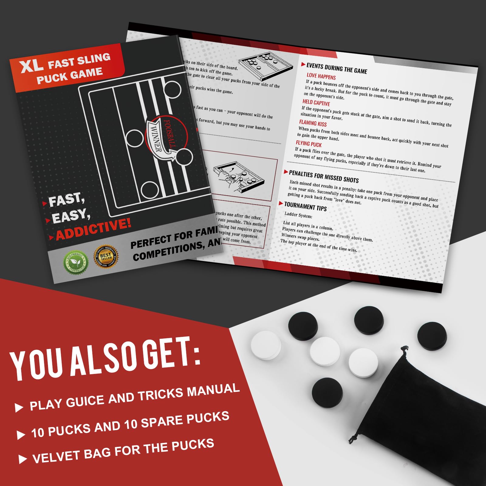 Extra Large Wooden Fast Sling Puck Game - Super Sling Hockey Table for Family Night & Parties | Foosball Winner String Puck With 20 Pucks & Storage Bag | Premium Wood Construction - Image 5