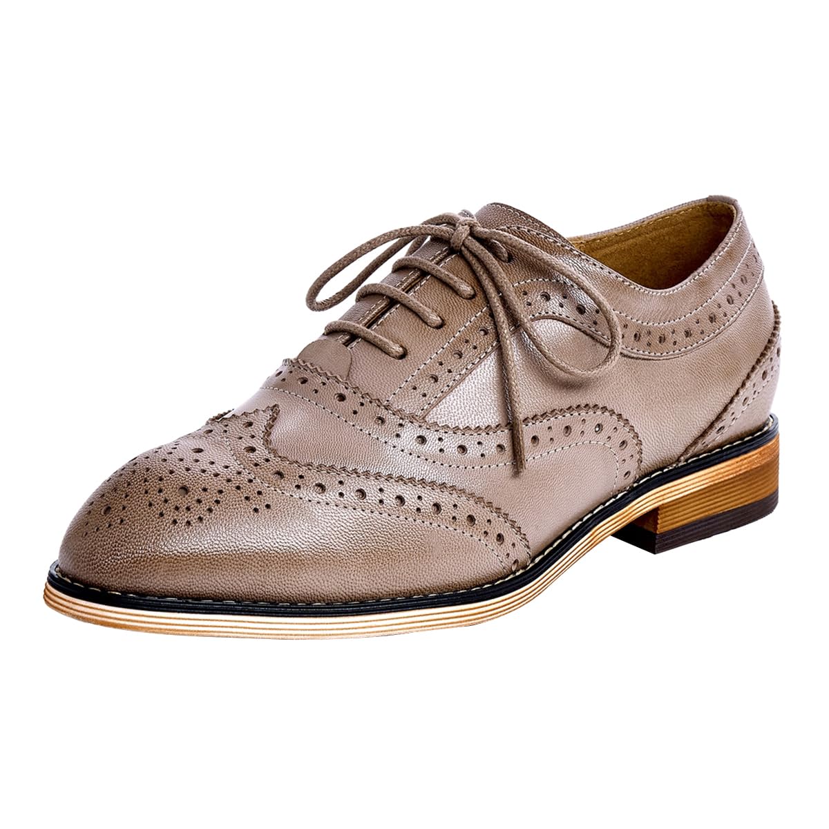 Mona flying Women's Stacked Heel Wingtip Oxfords Ladies Comfortable Lace-up Leather Brogue Shoes