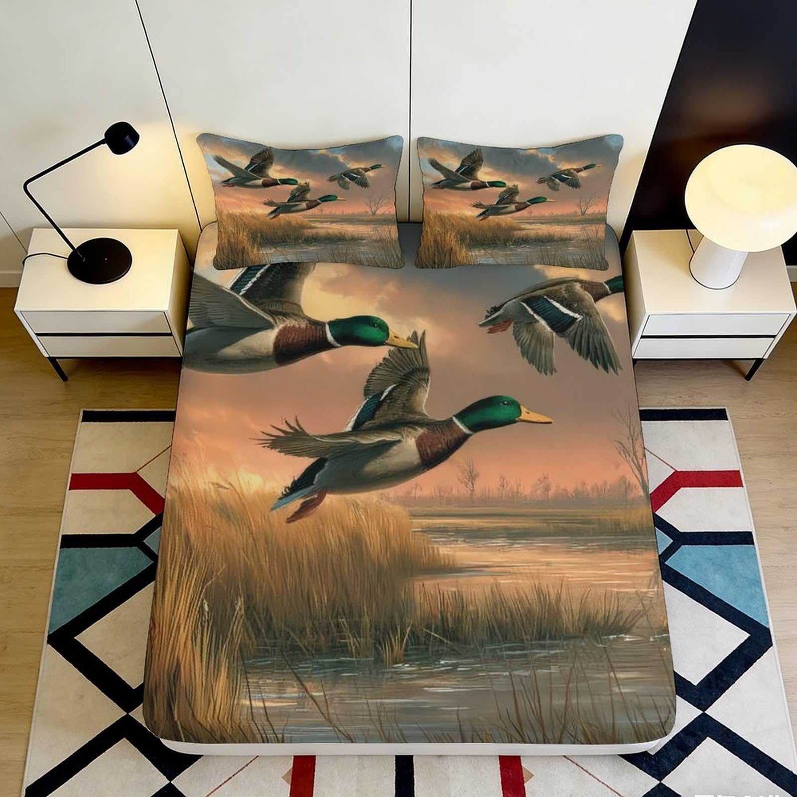 3D Printed Flying Mallard Ducks Fitted Sheet Microfiber Soft Breathable Sunset Wetland Mattress Cover Bedroom Decor 90x200x25cm