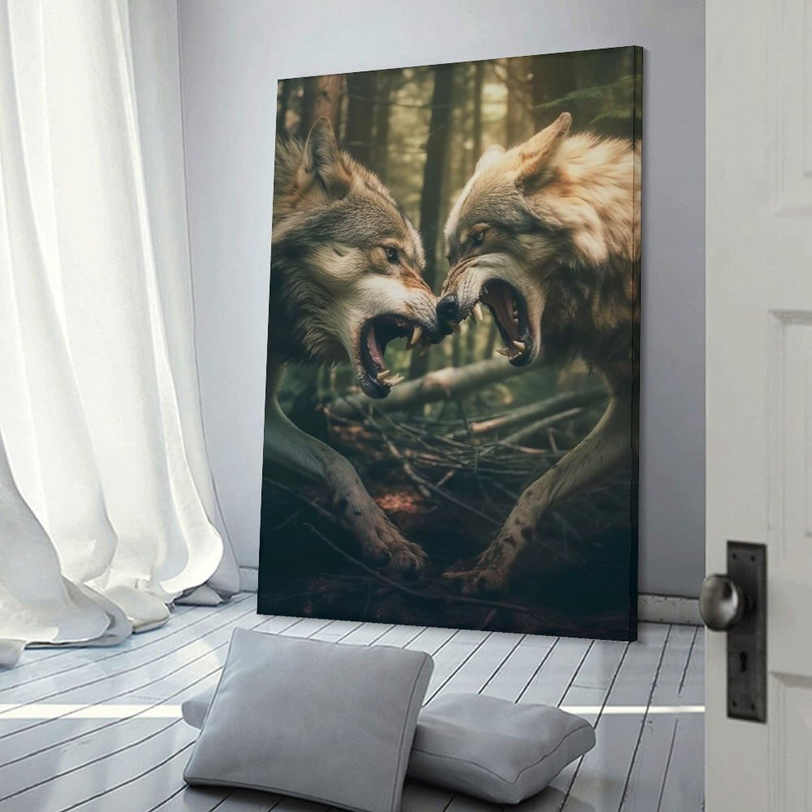 Junmoney Wolfs Fighting Wall Art Print, 24x36inch(60x90cm), for Corridors, Hallways Or Apartment Entries, Wall Decor to Refresh Empty Corners