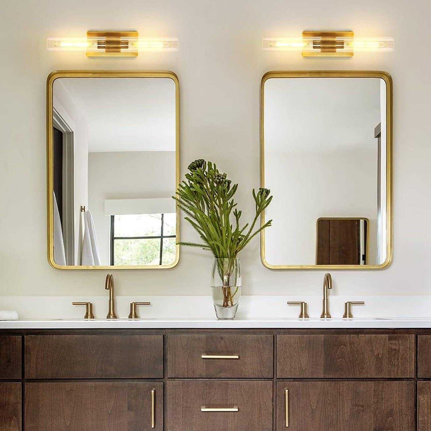 Brass Wall Sconces, 22.8" Bathroom Wall Sconce, Antique Brass Wall Sconces Set of 2, 2-Light Dimmable Wall Sconce, Sconces Wall Lighting With Glass, Bathroom Vanity Light, Tube Sconce for Living Room