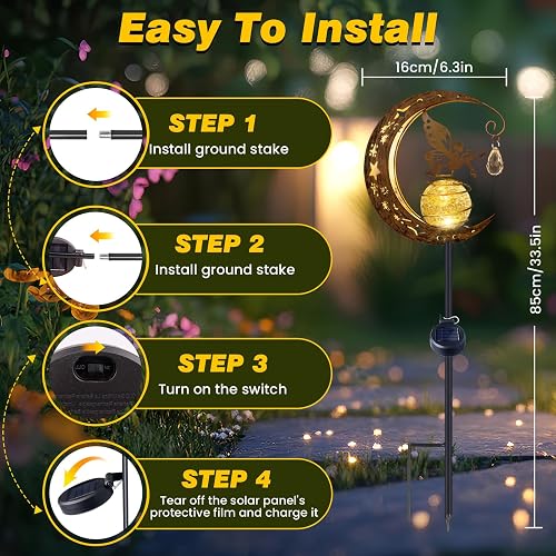 Solar Lights Garden Decorations Outdoor, IP65 Waterproof Moon Fairy Solar Crackle Glass Light, Warm White LED Metal Stake Ornament for Pathway Lawn Patio Yard Gifts for Mom Grandma Women - 7