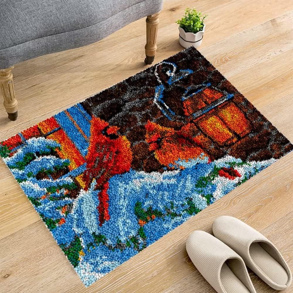 Latch Hook Kit for Adults & Kids, Complete DIY Rug Making Craft Kits with Yarn & Canvas and Crochet Needle, Adult Craft Kits for Women, Relaxing Home Art Project, Winter Red Bird Pattern 50x38cm — image 1