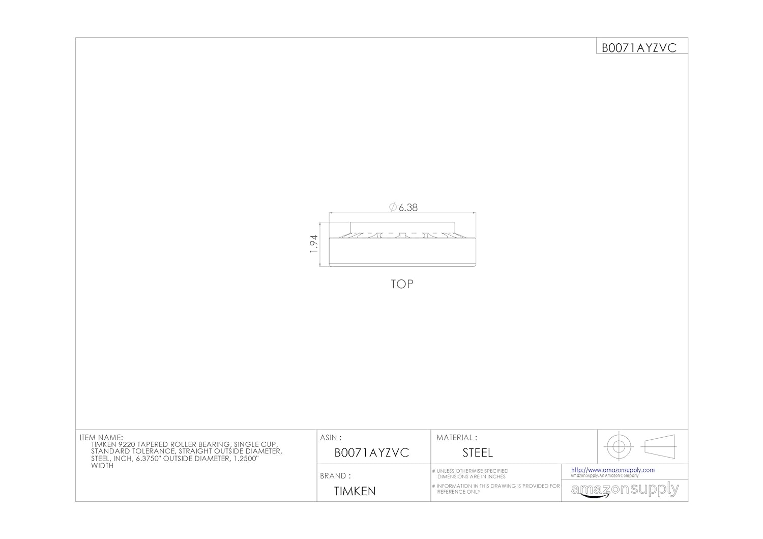 Timken 9220 Tapered Roller Bearing, Single Cup, Standard Tolerance, Straight Outside Diameter, Steel, Inch, 6.3750" Outside Diameter, 1.2500" Width